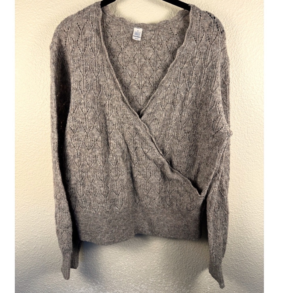 Old Navy Sweater Womens M Gray Surplice Pointelle Knit Wool Blend Long Sleeve